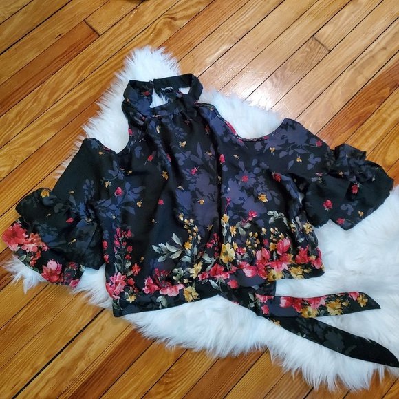 Floral On Black Halter Cold Shoulder Blouse With Open Lower Back + Ties Sz XL - Picture 1 of 13